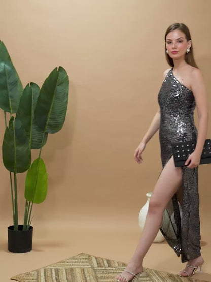 One Shoulder Black Sequin Slit Gown for Women – Elegant Party & Evening Dress