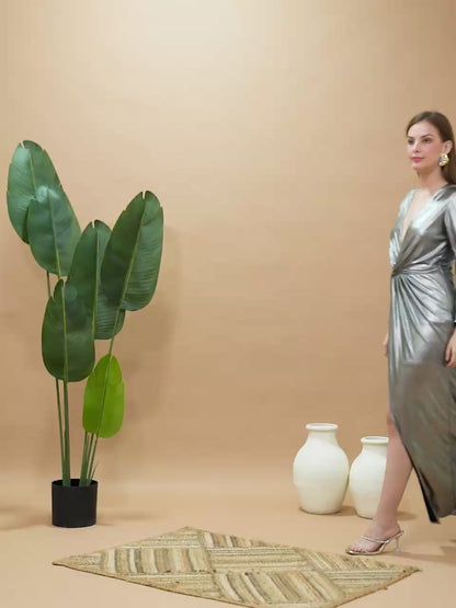 Silver Metallic Long Sleeve Plunge Neck High Slit Maxi Dress