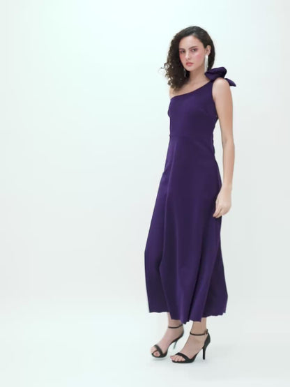 Scuba One Shoulder Purple Midi Dress with Bow Detail – Elegant Evening Dress for Women