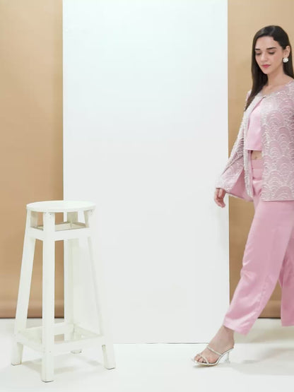 Pink Pearl Embellished Three Piece Co-Ord Set for Women – Designer Festive & Party Wear