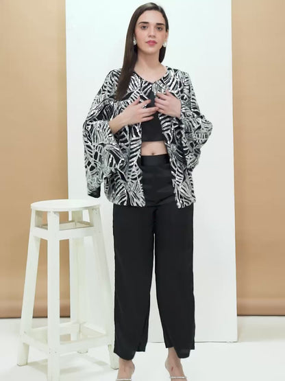 Black Sequin 3 Piece Co-Ord Set for Women | Partywear Jacket Top Pant Set