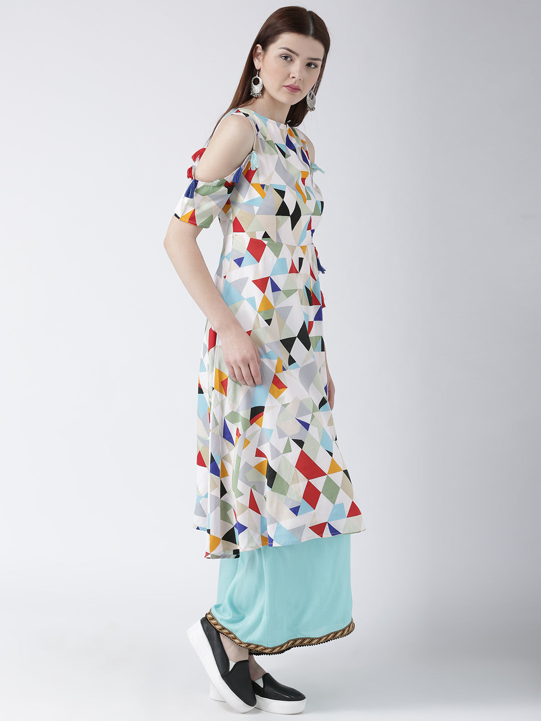 Women's Cold Shoulder Multicolor Geometric Print Kurta with Tassels