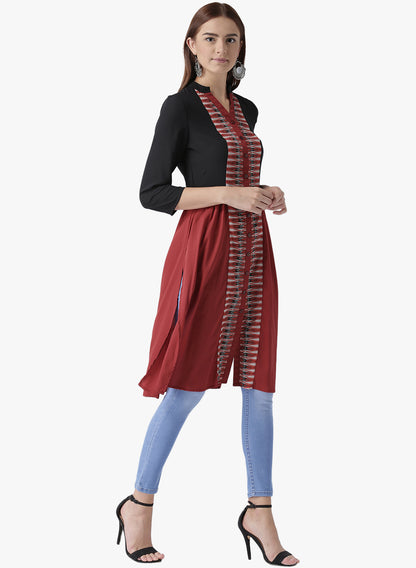 Women's Black and Maroon Front Slit Kurta with Printed Panel and Button Detailing