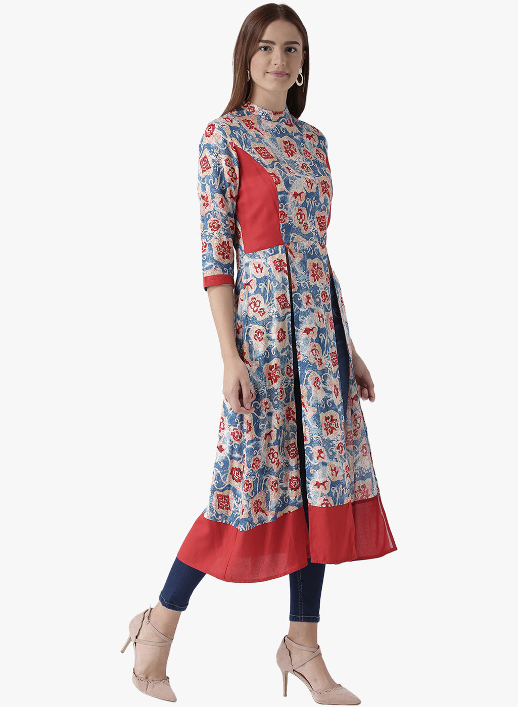 Women's Floral Print Front-Slit High-Low Kurta with Mandarin Collar