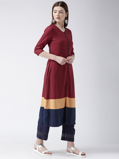 Women's Maroon Colorblock Straight Kurta with Front Button Detailing