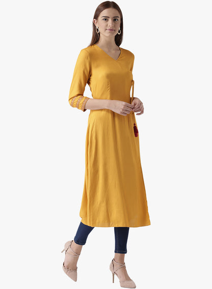 Women's Mustard Yellow A-Line Kurta with Tassel Tie-Up and 3/4th Sleeves