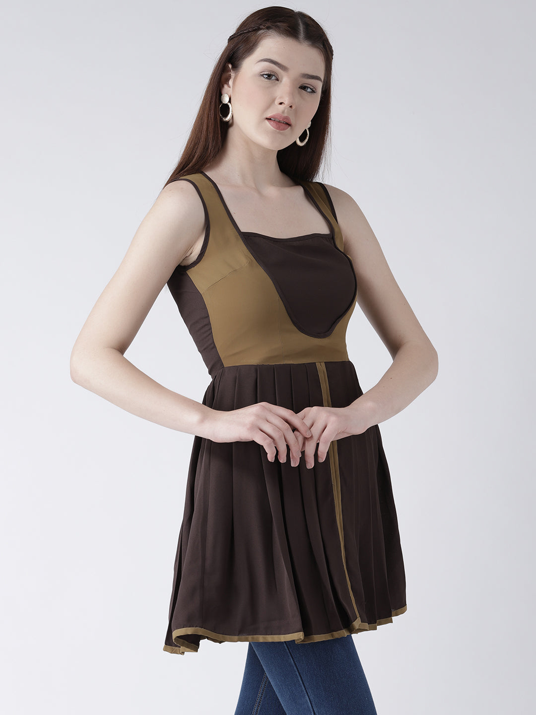 Women's Sleeveless Brown and Mustard Pleated Short Kurti for Casual Wear
