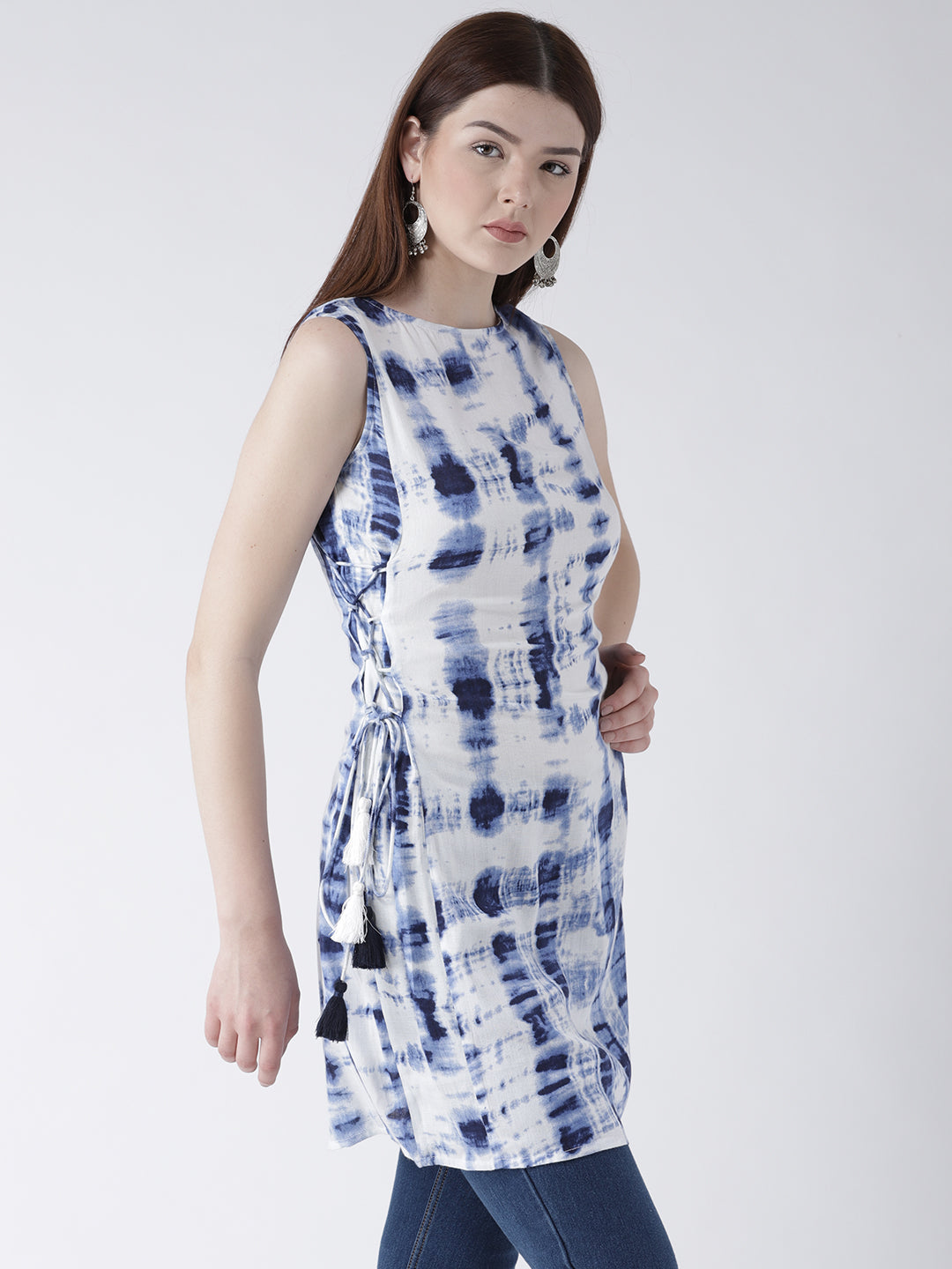 Women's Sleeveless Indigo Tie-Dye Kurti with Side Drawstrings