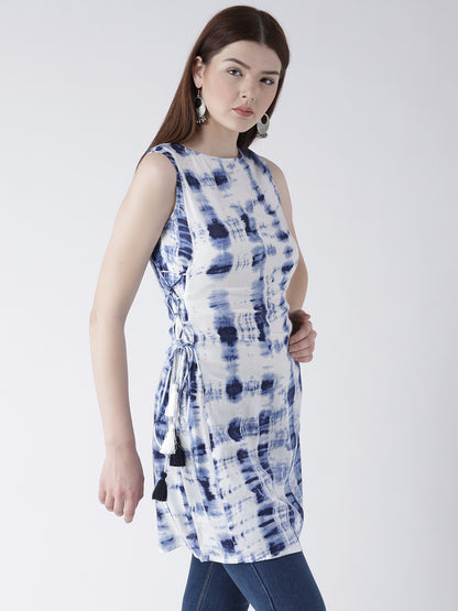 Women's Sleeveless Indigo Tie-Dye Kurti with Side Drawstrings