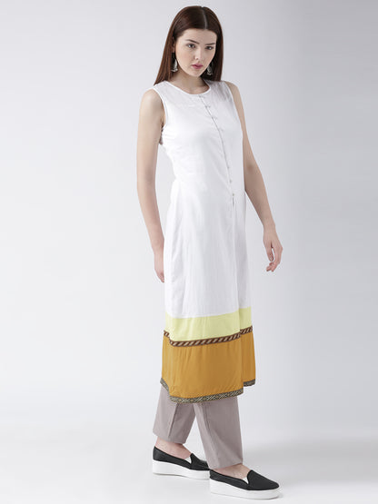 Women's Sleeveless White Long Kurta with Front Buttons and Color Block Hem