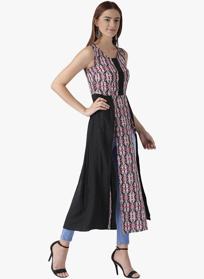 Women's Sleeveless Black and Pink Front Slit Long Kurta with Tassel Detail