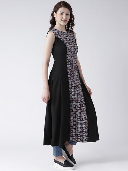 Women's Sleeveless Black Long Kurta with Printed Front Panel for Modern Ethnic Look