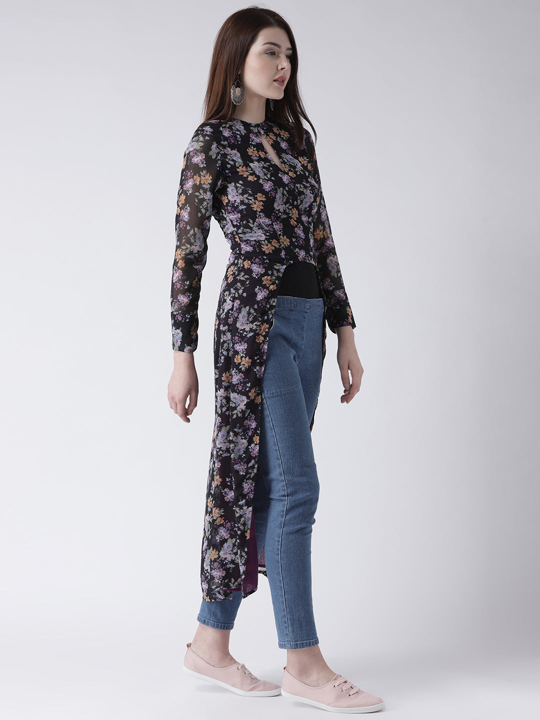 Women's Black Floral High-Low Kurta with Sheer Sleeves and Keyhole Neck