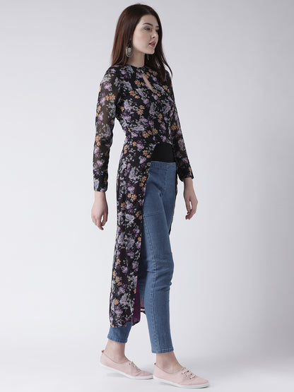 Women's Black Floral High-Low Kurta with Sheer Sleeves and Keyhole Neck