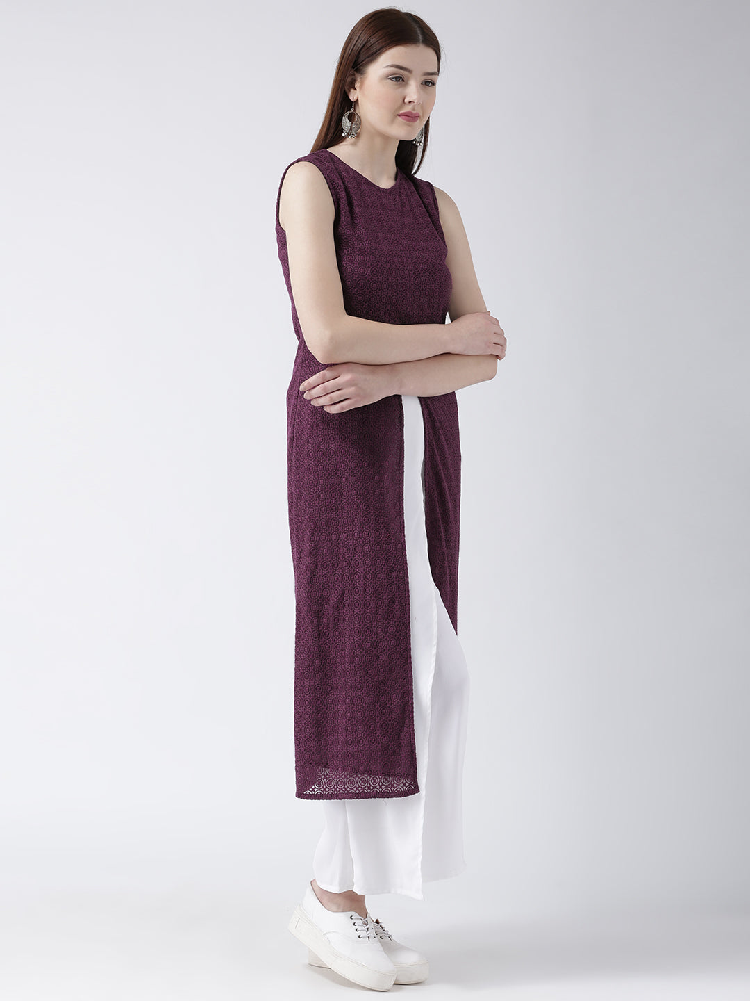 Women's Sleeveless Maroon Lace Long Kurta with Front Slit for Casual and Festive Wear