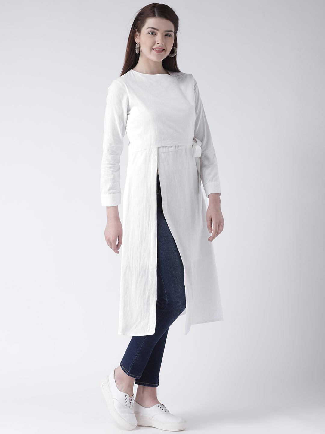 Women's White Solid Wrap Style Kurta with Side Tie and Long Sleeves