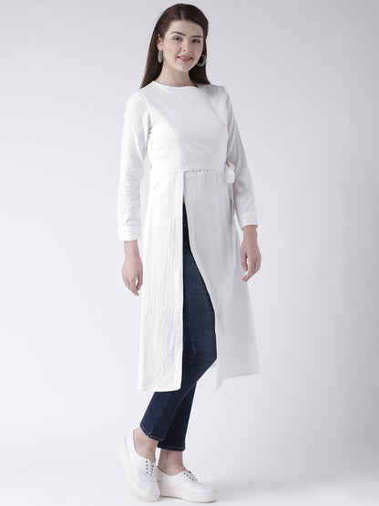 Women's White Solid Wrap Style Kurta with Side Tie and Long Sleeves