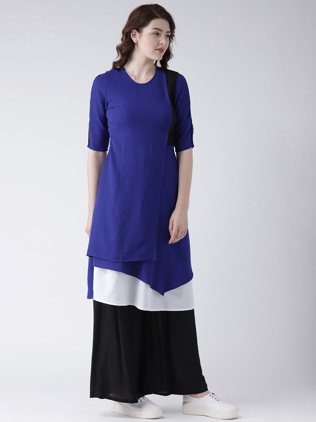Women's Blue Layered Asymmetric Kurta with Black and White Colorblock Design