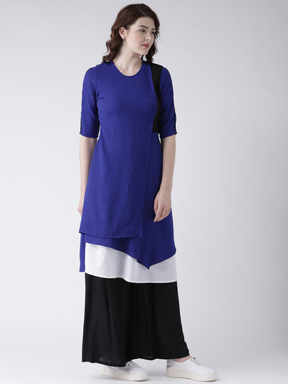 Women's Blue Layered Asymmetric Kurta with Black and White Colorblock Design