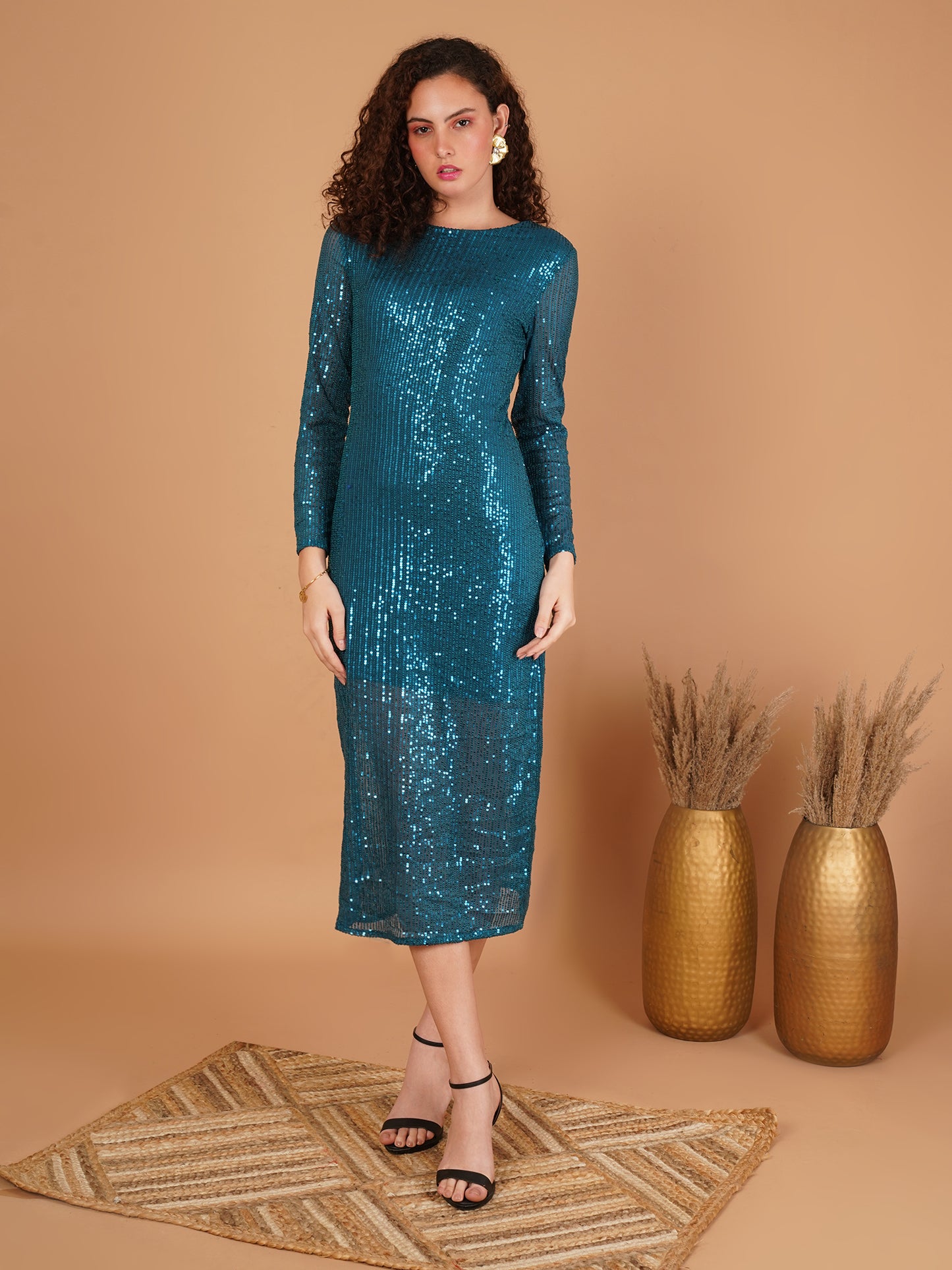 Teal Sequin Midi Dress – Elegant & Shimmering Long Sleeve Dress for Women