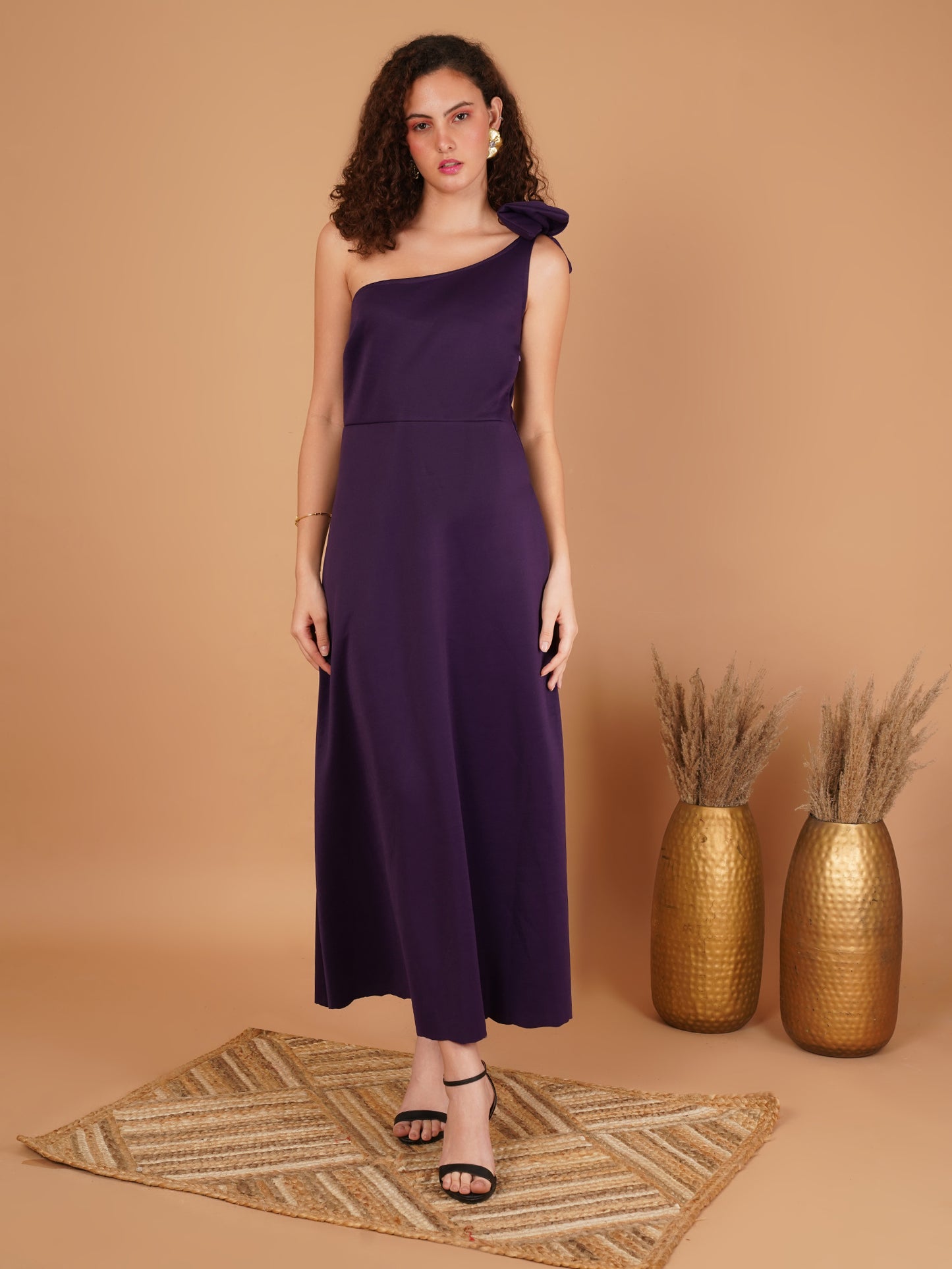 Scuba One Shoulder Purple Midi Dress with Bow Detail – Elegant Evening Dress for Women