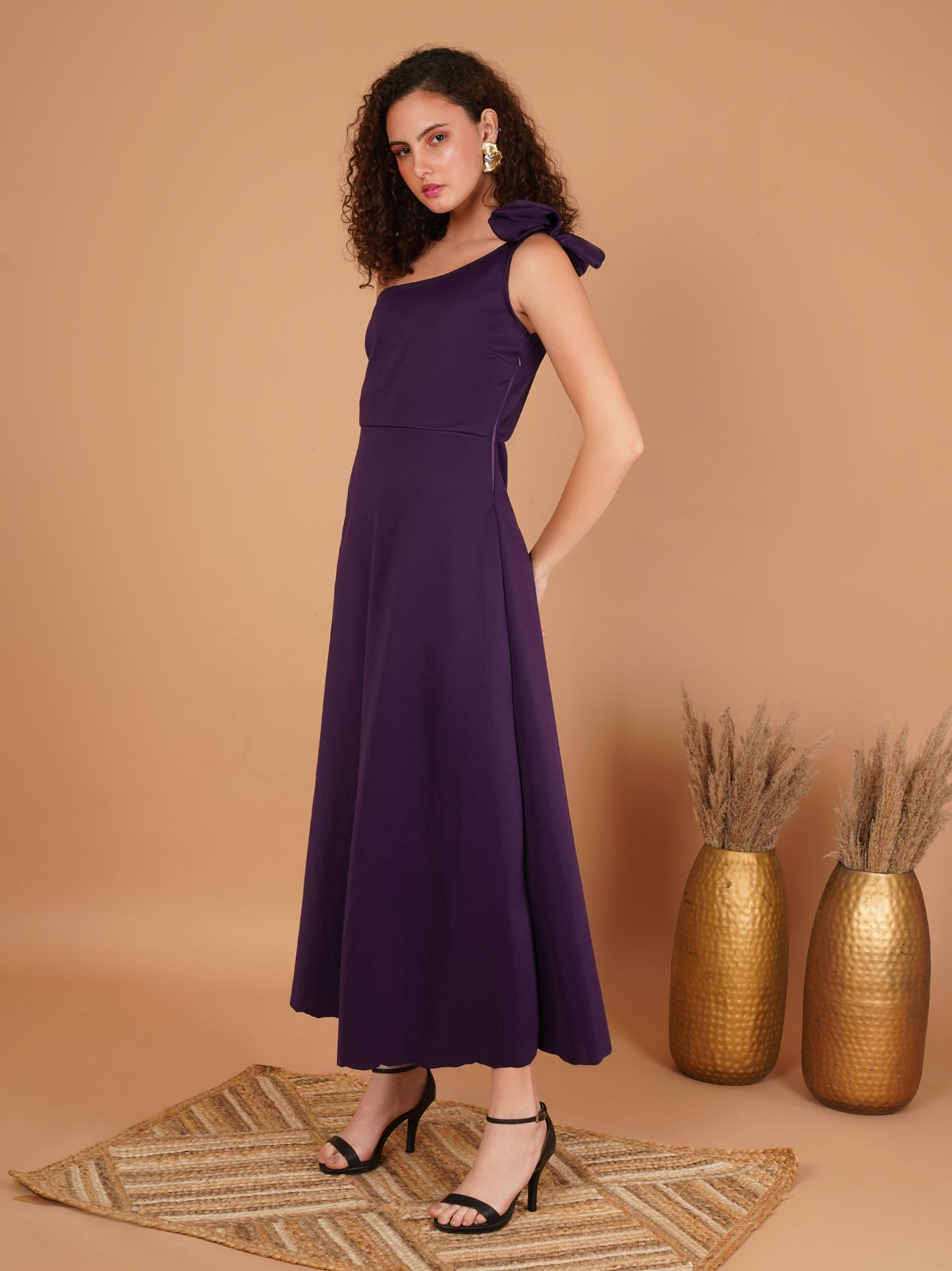 Scuba One Shoulder Purple Midi Dress with Bow Detail – Elegant Evening Dress for Women