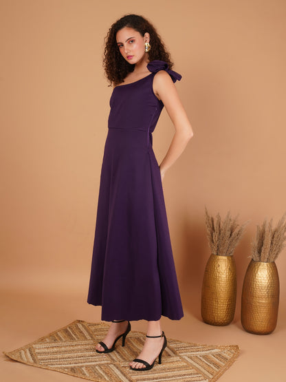 Scuba One Shoulder Purple Midi Dress with Bow Detail – Elegant Evening Dress for Women