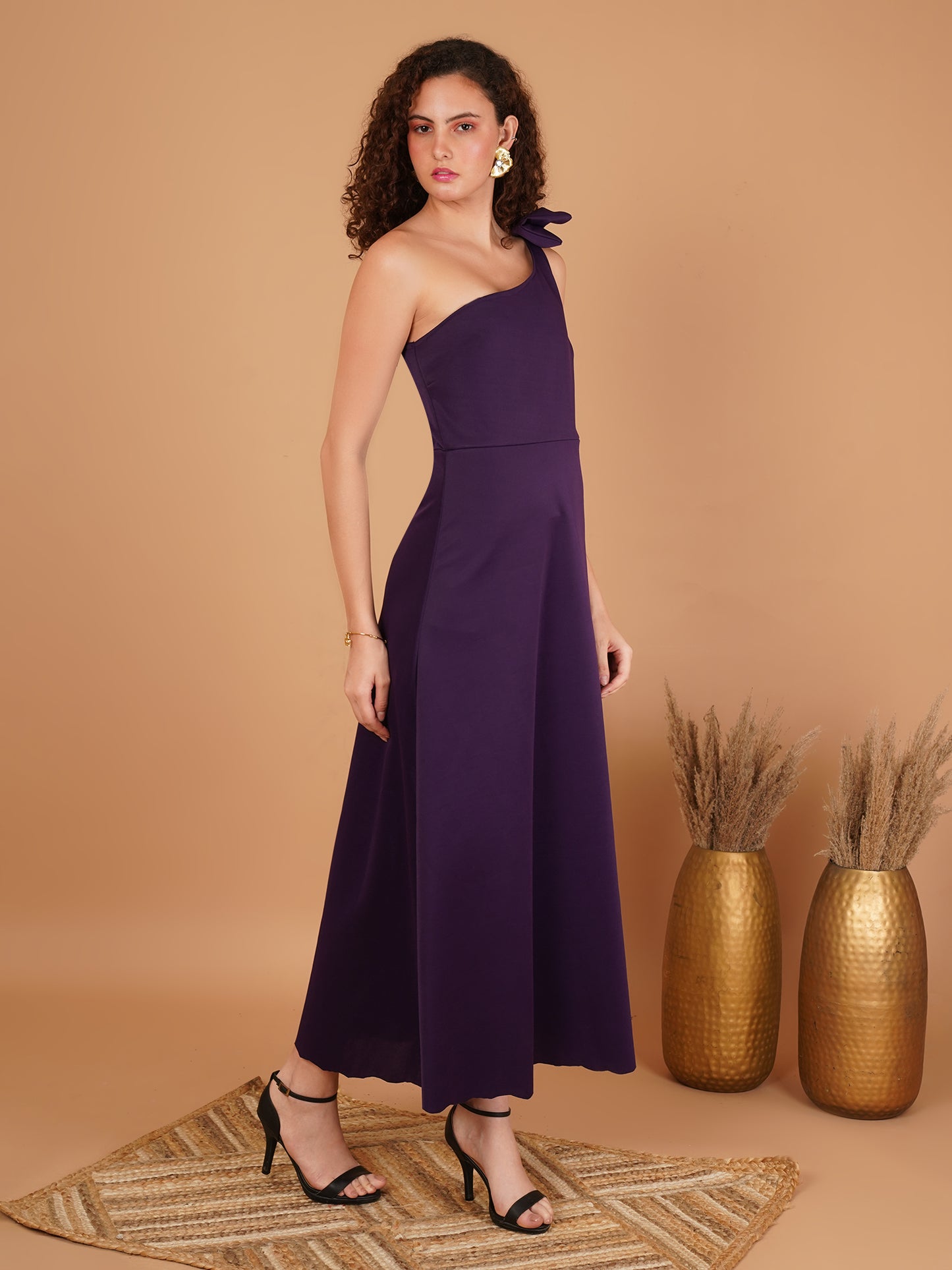 Scuba One Shoulder Purple Midi Dress with Bow Detail – Elegant Evening Dress for Women