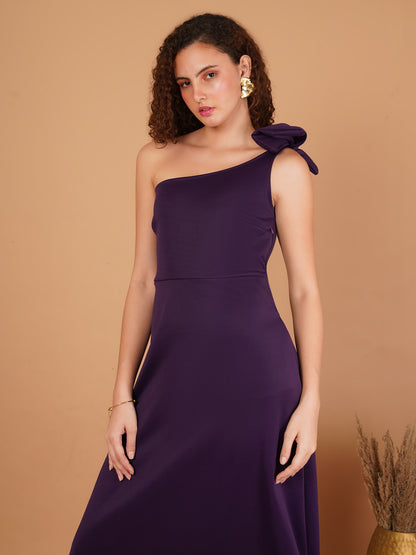 Scuba One Shoulder Purple Midi Dress with Bow Detail – Elegant Evening Dress for Women