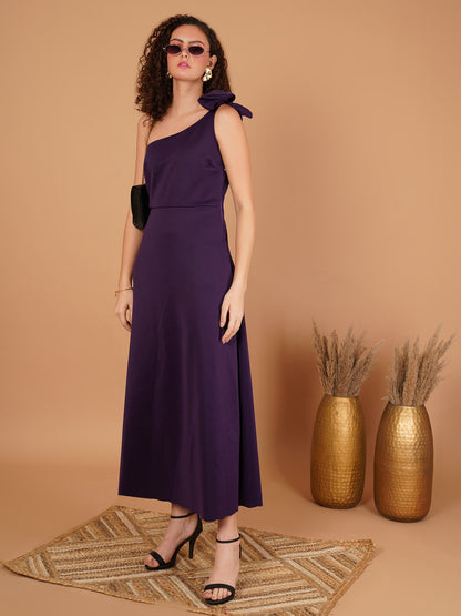 Scuba One Shoulder Purple Midi Dress with Bow Detail – Elegant Evening Dress for Women