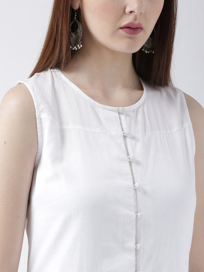 Women's Sleeveless White Long Kurta with Front Buttons and Color Block Hem