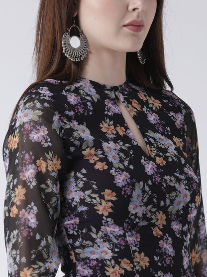 Women's Black Floral High-Low Kurta with Sheer Sleeves and Keyhole Neck