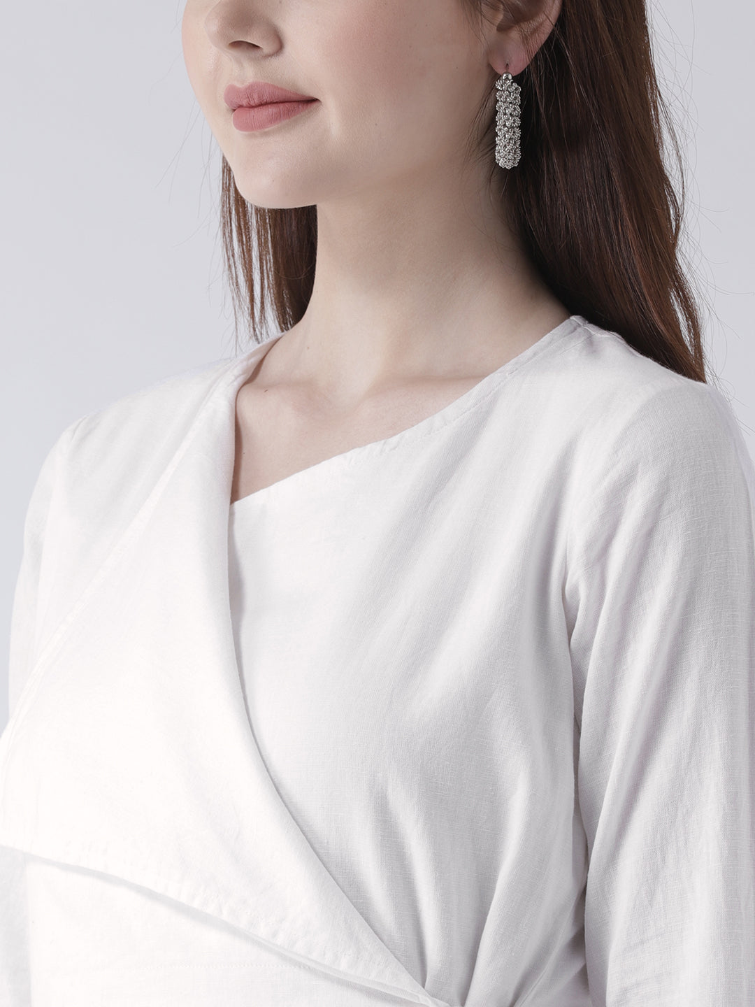 Women's White Solid Wrap Style Kurta with Side Tie and Long Sleeves