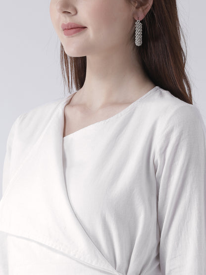 Women's White Solid Wrap Style Kurta with Side Tie and Long Sleeves