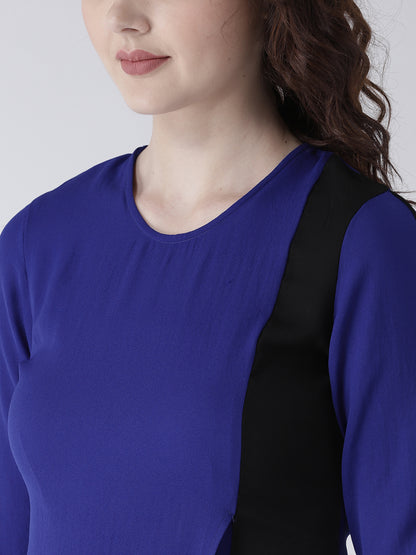 Women's Blue Layered Asymmetric Kurta with Black and White Colorblock Design