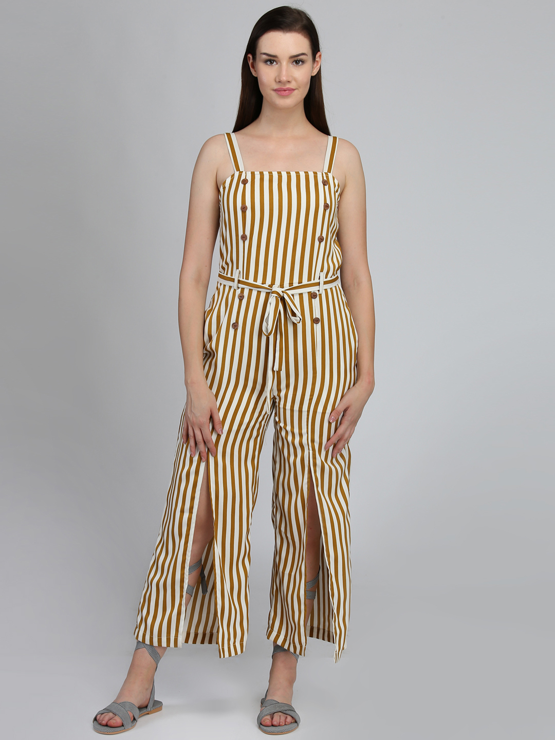 Cotton Yellow Stripe Buttoned Front Jumpsuit – Fabnest